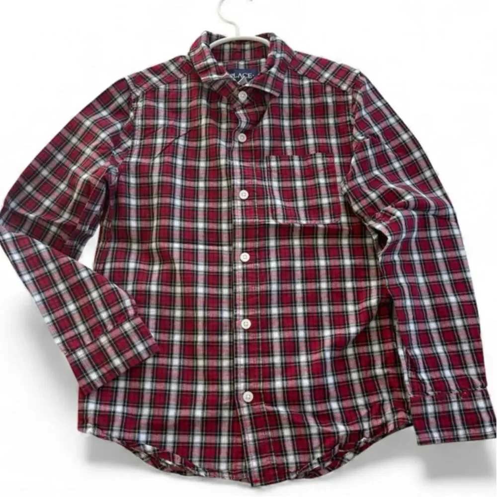 Children's Place Tartan Plaid‎ Button Down Collared Shirt Red Blue Size 7/8